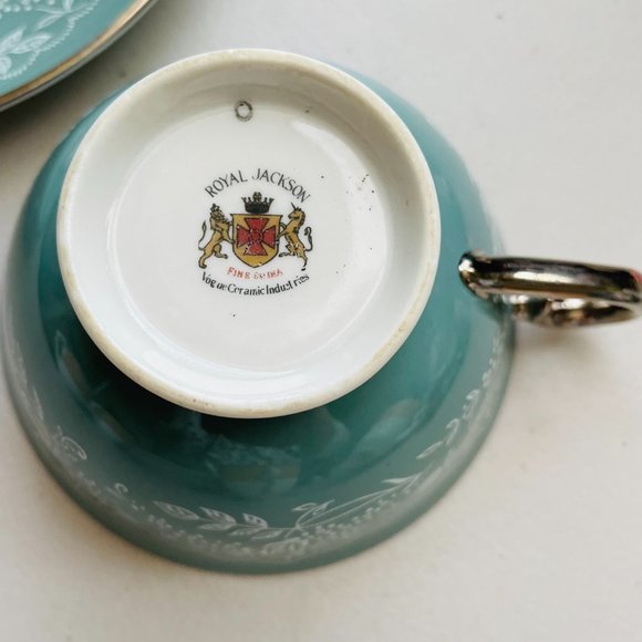 Royal Jackson Bone China Footed Sage Silver Tea Cup & Saucer Set Rare - Picture 5 of 8